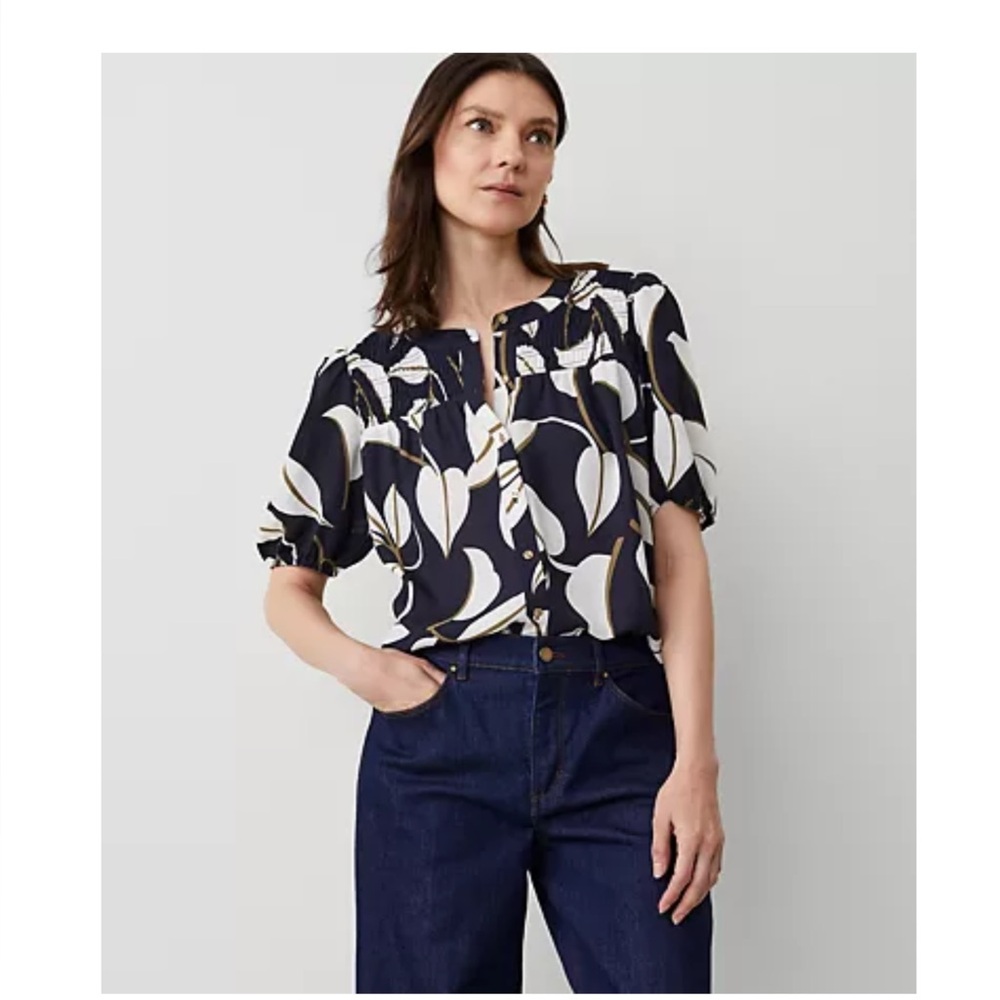Ann Taylor Petite Smocked Puff sleeve top
